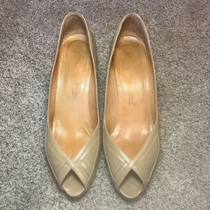 Evan-Picone Womens Tan Leather Peep Toe Kitten Heel Pumps Italy Size 8.5N Narrow